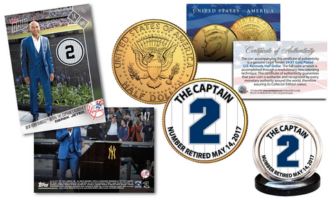 DEREK JETER Retirement Issue - BOTH Sold Out TOPPS NOW Trading Cards with EXCLUSIVE #2 Yankees Pinstripe Captain 24K Gold Plated JFK Half Dollar U.S. Coin