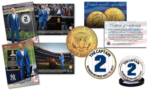 DEREK JETER Retirement Issue - TOPPS NOW Retired #2 Trading Card with EXCLUSIVE #2 Yankees Pinstripe Captain 24K Gold Plated JFK Half Dollar U.S. Coin
