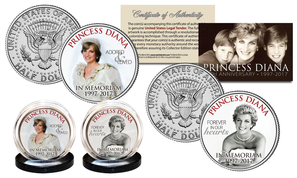 PRINCESS DIANA 1997-2017 20th ANNIVERSARY Official U.S JFK Kennedy Half Dollar 2-Coin Set - Wedding Dress