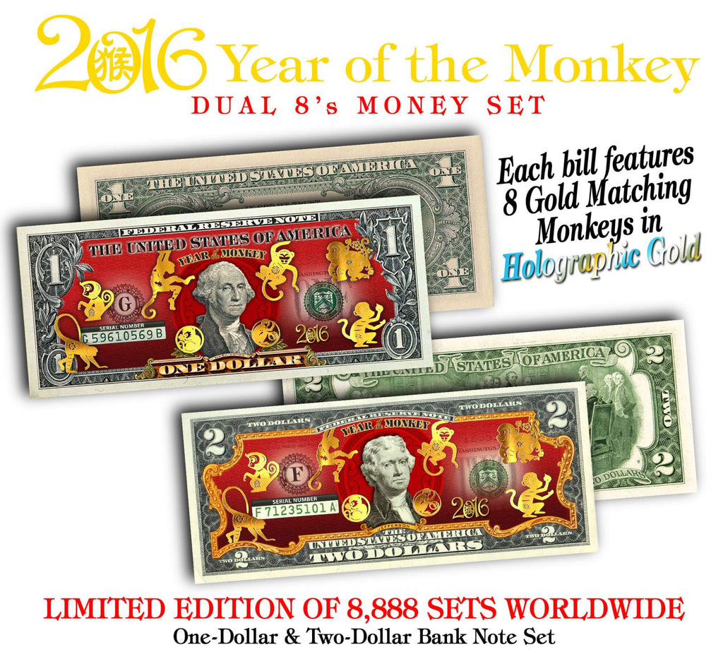2016 YEAR OF THE MONKEY $1 & $2 Chinese New Year Lucky Money Set - DUAL 8’s GOLD MATCHING MONKEY’s Packaged in EXCLUSIVE Premium RED LUNAR ENVELOPE – Limited Edition of 8,888 Sets Worldwide *SOLD OUT*