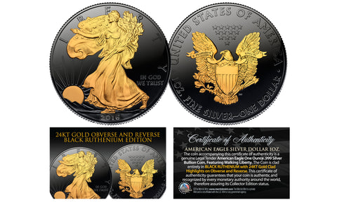 2017 1 oz Pure Silver $1 BLACK EAGLE Ruthenium EDITION 24KT Gold Gilded U.S. Coin with BOX