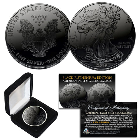 Black RUTHENIUM 1 Oz .999 Fine Silver 2018 American Eagle U.S. Coin with 2-Sided 24K Gold clad and Deluxe Felt Display Box