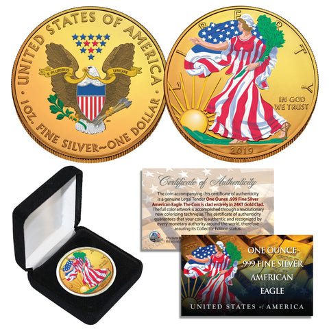 2017 Genuine 1 oz .999 Fine Silver American Eagle U.S. Coin * Full 24KT Gold Plated * with Deluxe Felt Display Box