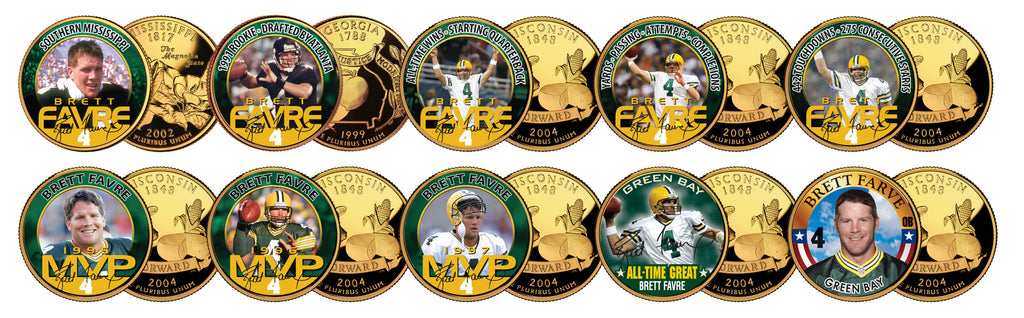 BRETT FAVRE 24K Gold Plated US Statehood Colorized Quarters 10-Coin Complete Set - Officially Licensed