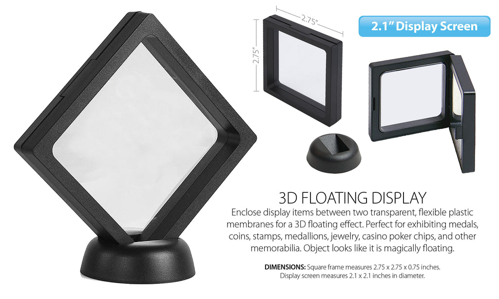 3D Floating 2-Sided View-Thru Coin Display Frame Holder Box Case with Stand ( For Challenge Coins / Coins / Medallions / Jewelry / Stamps) - Black Large Case (2.75”) - Set of 3