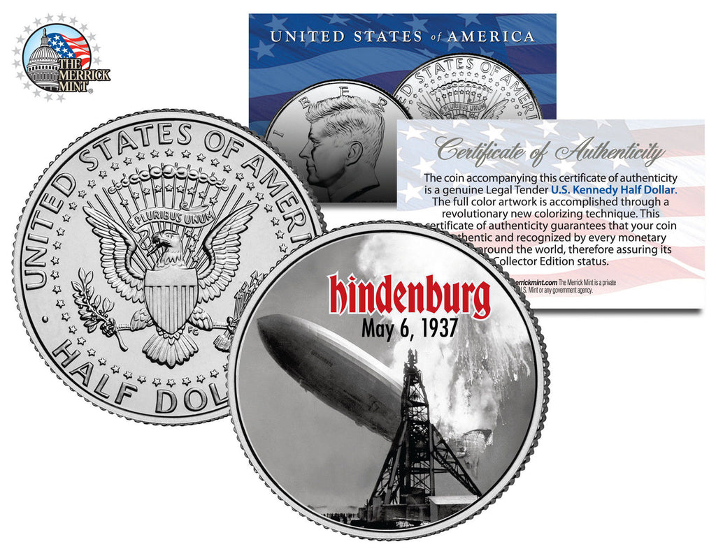 HINDENBURG LZ-129 AIRSHIP - DISASTER - May 6, 1937 - JFK Kennedy Half Dollar U.S. Colorized Coin