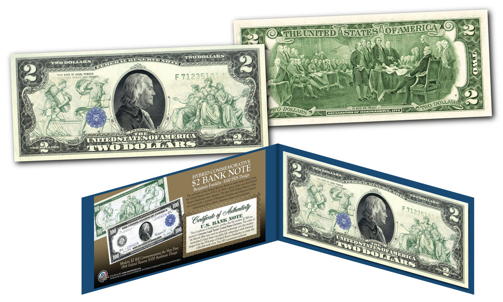 1914 Series $100 Ben Franklin Federal Reserve Note designed on a Modern $2 Bill