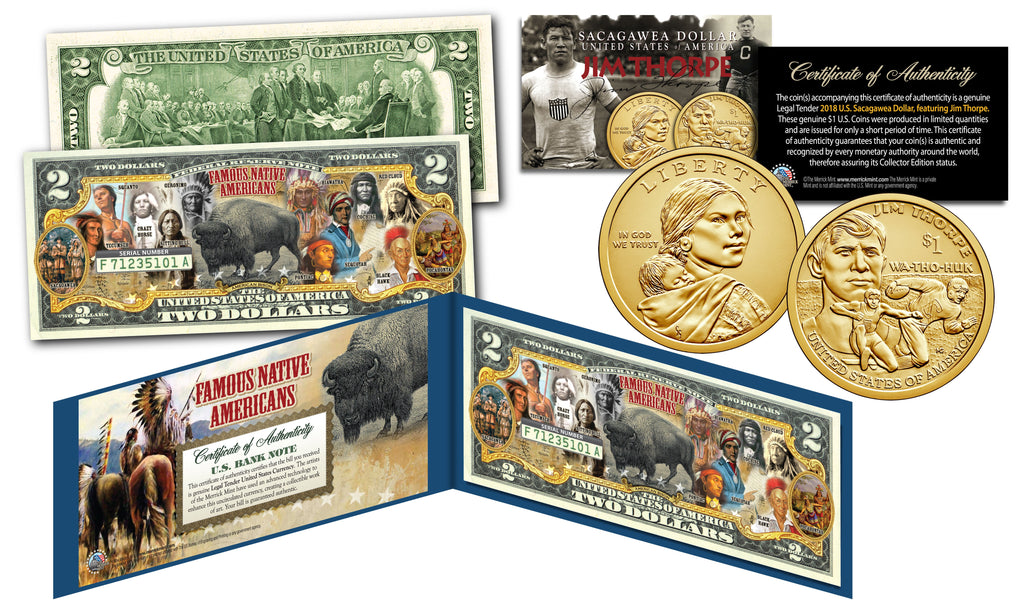 FAMOUS NATIVE AMERICANS Buffalo Bison Official U.S. $2 Bill with Jim Thorpe Sacagawea 2018 US Mint Dollar Coin