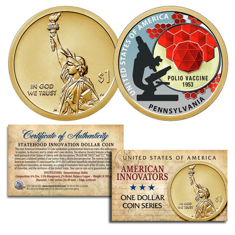 Set of ALL 4 American Innovation COLORIZED 2019 Statehood $1 Dollar Uncirculated Coins - DELAWARE , PENNSYLVANIA, NEW JERSEY & GEORGIA