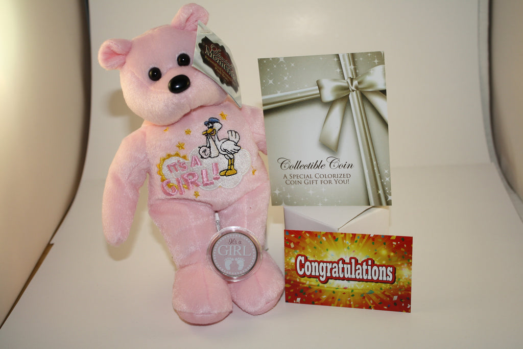 IT'S A GIRL Plush Bear & It’s a Girl JFK Kennedy Half Dollar Colorized US Coin