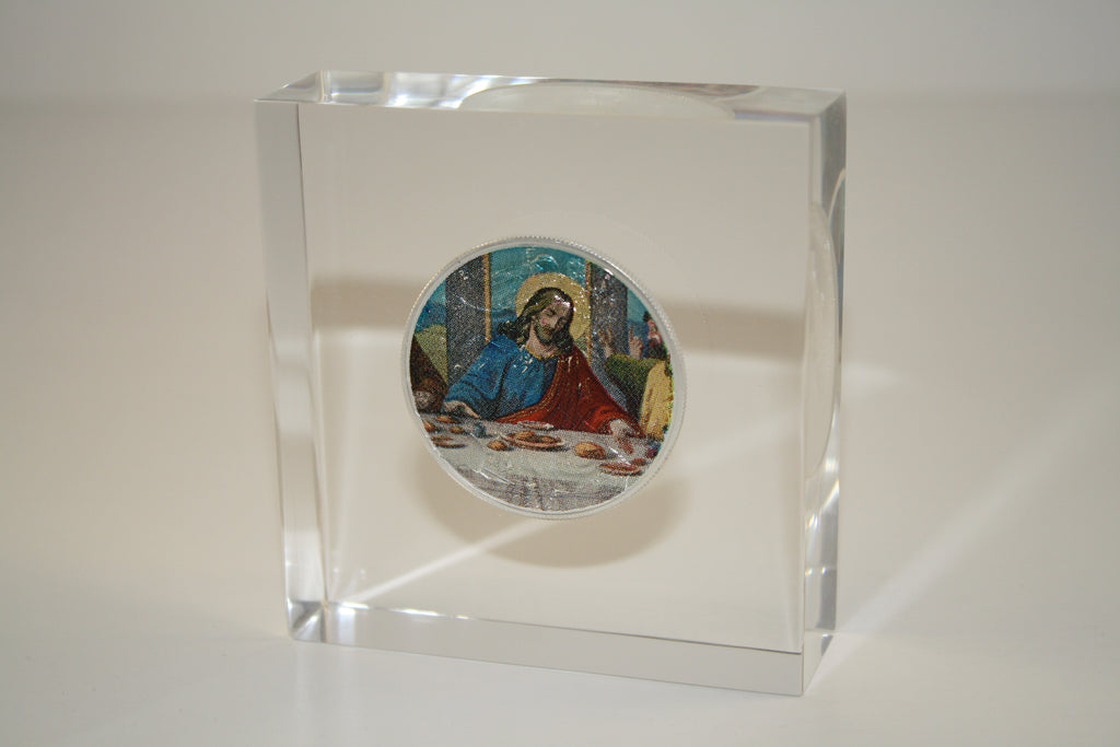 JESUS LAST SUPPER U.S. Silver Eagle Colorized Coin Lucite Paperweight Pyramid