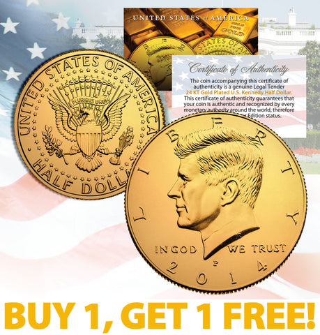 24K GOLD PLATED 2019-P JFK Kennedy Half Dollar Coin with Capsule (P Mint) BUY 1 GET 1 FREE