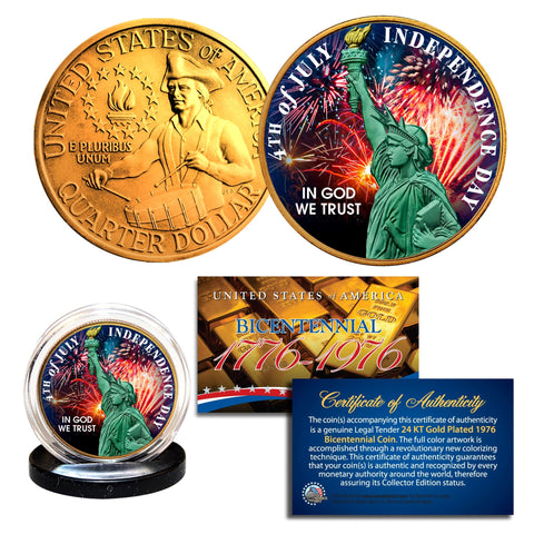 SPIRIT OF FREEDOM 1776 24K Gold Plated Genuine 1976 Bicentennial Colorized / Hologram Quarter 5-Coin Set