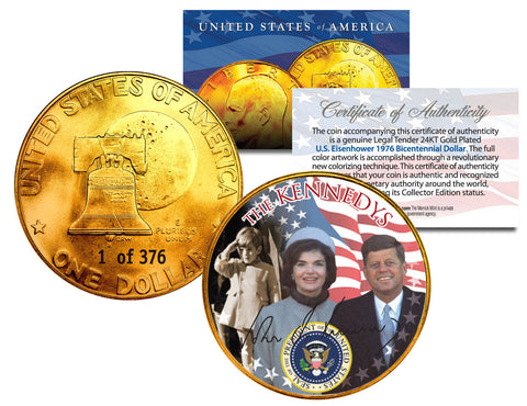 1976 BICENTENNIAL COIN COLLECTION Colorized US 3-Coin Set 24K Plated QTR IKE JFK