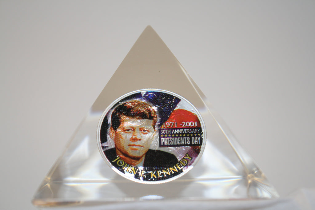 JOHN KENNEDY American Silver Eagle Colorized Coin Lucite Paperweight - Pyramid