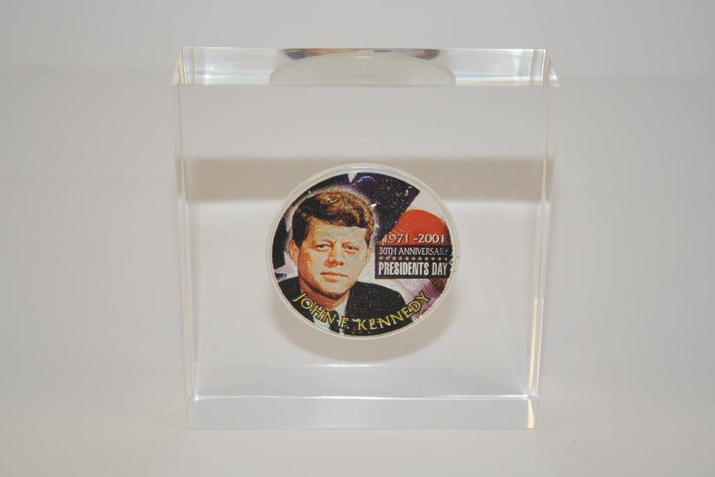 JOHN KENNEDY 1 oz American Silver Eagle Colorized Coin Lucite Paperweight Square