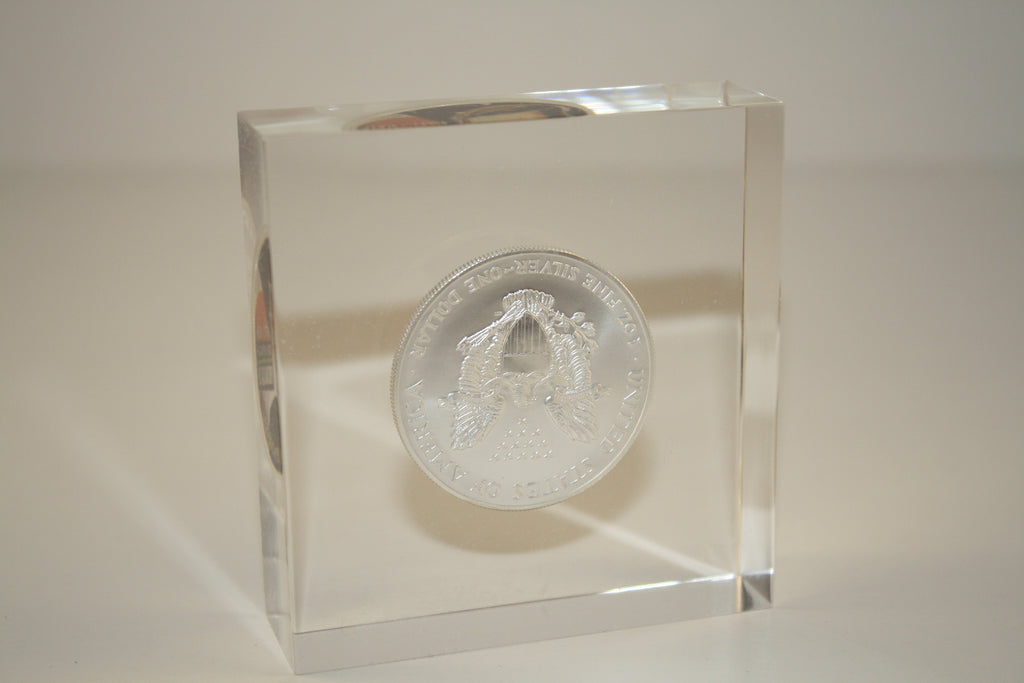 JOHN KENNEDY 1 oz American Silver Eagle Colorized Coin Lucite Paperweight Square