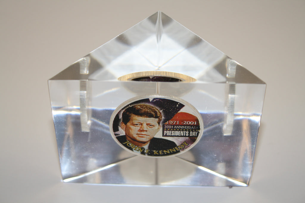JOHN KENNEDY American Silver Eagle Colorized Coin Lucite Paperweight Triangular