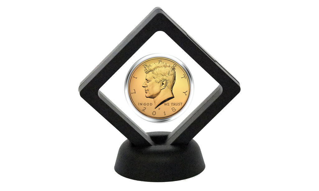 3D Floating 2-Sided View-Thru Coin Display Frame Holder Box Case with Stand ( For Challenge Coins / Coins / Medallions / Jewelry / Stamps) - Black Large Case (2.75”) - Set of 2
