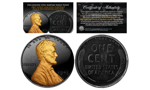 1943 Genuine Steel Wartime Wheat Penny U.S. Coin SET of 3 Rare Metal Versions (Black Ruthenium, Silver, 24K Gold)