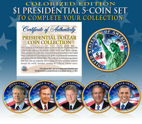 2007-2016 Complete Collection of U.S. PRESIDENTIAL DOLLARS - COLORIZED 2-SIDED EDITION with Deluxe Leatherette Box (Complete Set of all 39 Coins)