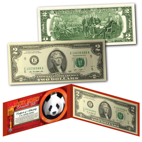 Chinese Lanterns Lucky Money Double 88 Serial Number U.S. $2 Bill with Red Folio