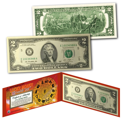 Chinese Lanterns Lucky Money Double 88 Serial Number U.S. $2 Bill with Red Folio
