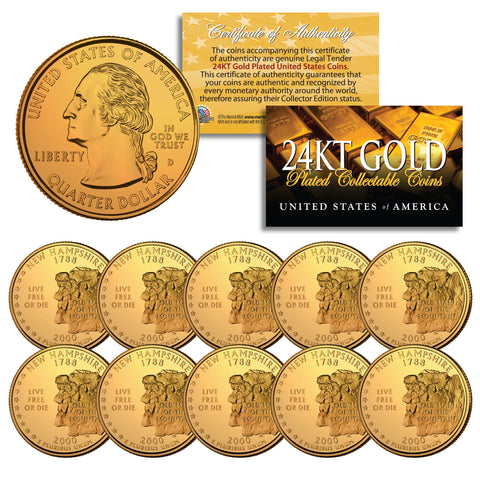2001 New York State Quarters U.S. Mint BU Coins 24K GOLD PLATED (Quantity 10)