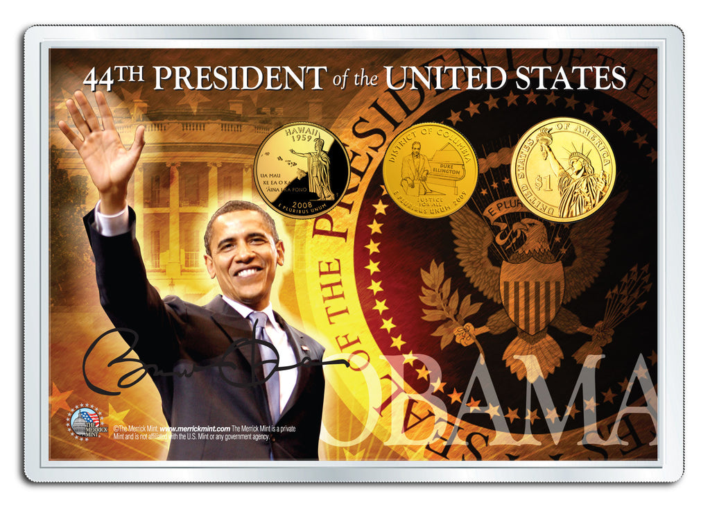 BARACK OBAMA 24K Gold Plated Presidential $1 & State Quarters 3-Coin US Set in 4x6 Display
