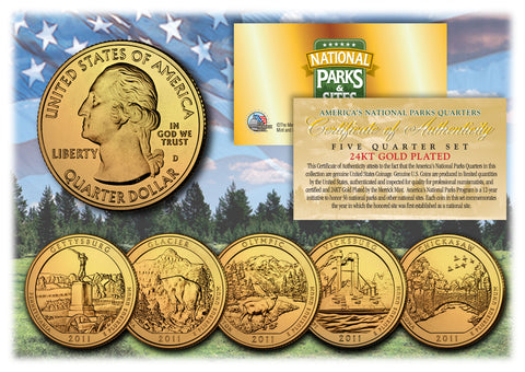 2015 America The Beautiful 24K GOLD PLATED Quarters U.S. Parks 5-Coin Set with Capsules