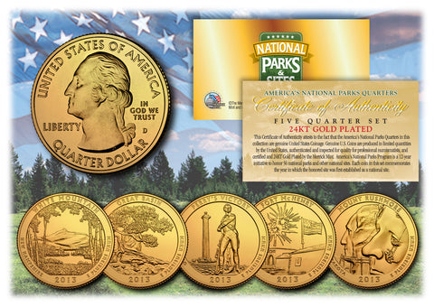 2010 America The Beautiful 24K GOLD PLATED Quarters U.S. Parks 5-Coin Set with Capsules