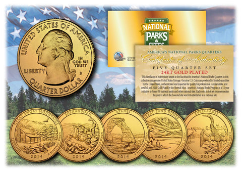 2019 America The Beautiful 24K GOLD PLATED Quarters U.S. Parks 5-Coin Set with Capsules