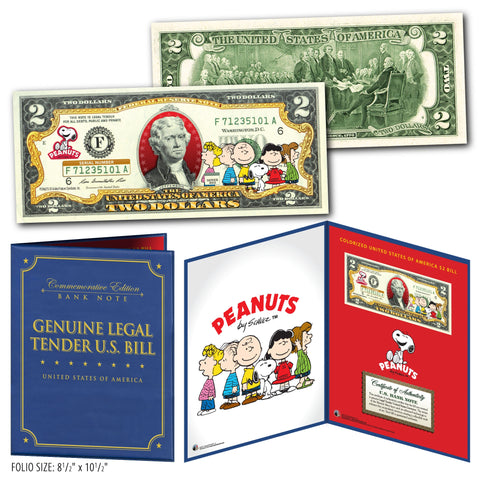 Peanuts HAPPY NEW YEAR Charlie Brown Officially Licensed U.S. Genuine Legal Tender U.S. $2 Bill with Certificate & Display Folio