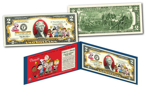 PEANUTS - Charlie Brown & Gang Genuine Legal Tender U.S. $2 Bill in Large Collectors Folio Display