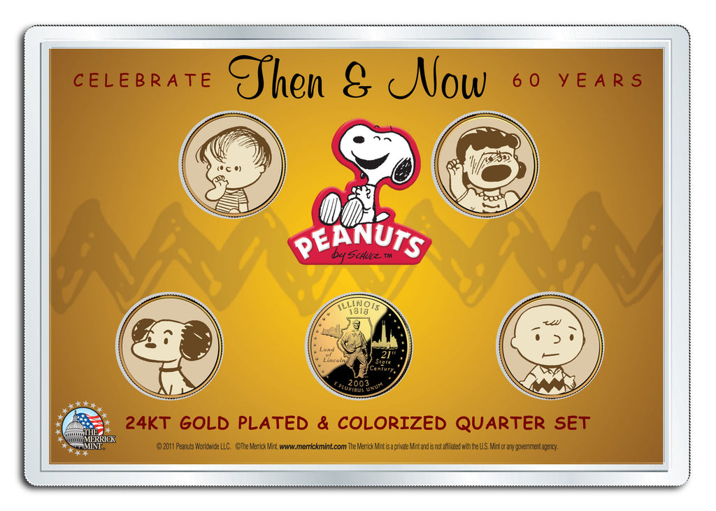 PEANUTS - Then & Now - CHARLIE BROWN - 24K Gold Plated US State Quarter 5-Coin Set w/4x6 - Officially Licensed