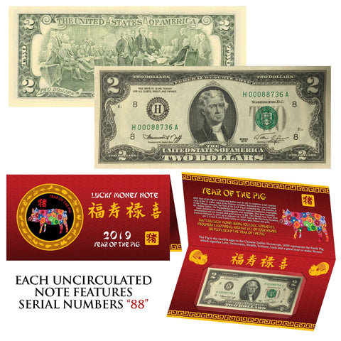 2020 Chinese YEAR of the RAT Lucky Money S/N 88 U.S. 1976 $2 Bill w/ Red Folder