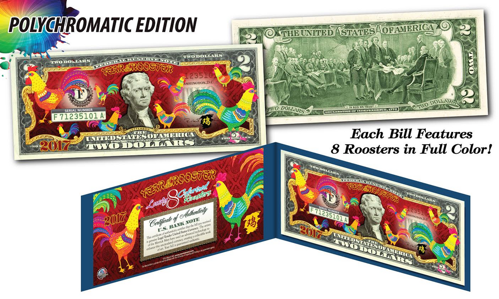 Lot of 25 - 2017 Chinese New Year * YEAR OF THE ROOSTER * POLYCROMATIC 8 COLORIZED ROOSTER’S Genuine Legal Tender U.S. $2 BILL - $2 Lucky Money with Blue Folio