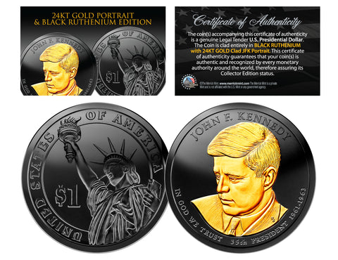 Black RUTHENIUM Clad John F Kennedy 2015 Presidential $1 Dollar U.S. Coin with 24K Gold Clad JFK Portrait - P Mint