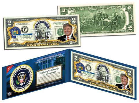 DONALD TRUMP 45th President of the United States Genuine U.S. $2 Bill with Donald Trump 8x10 Photo in Large Collectors Folio Display