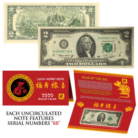 2020 CNY Chinese YEAR of the RAT Lucky Money S/N 888 U.S. $2 Bill w/ Red Folder
