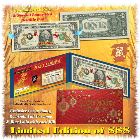 2020 YEAR OF THE RAT $2 Chinese New Year Lucky Money - 8 GOLD HOLOGRAM RAT’s in Premium RED ENVELOPE
