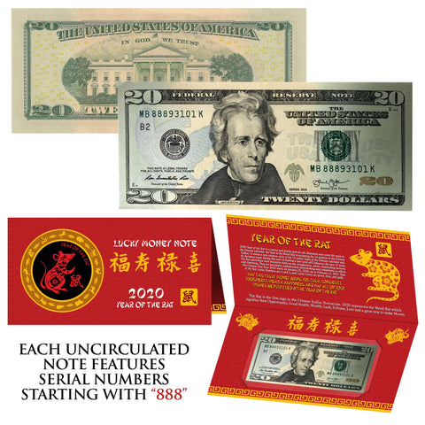 2020 Chinese New Year - YEAR OF THE RAT - LUCKY NUMBER 8 Gold Hologram Legal Tender U.S. $2 BILL - $2 Lucky Money with Red Envelope