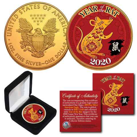 2020 Chinese New Year * YEAR OF THE RAT * 24K Gold Plated 1 OZ AMERICAN SILVER EAGLE Coin with DELUXE BOX - PolyChrome