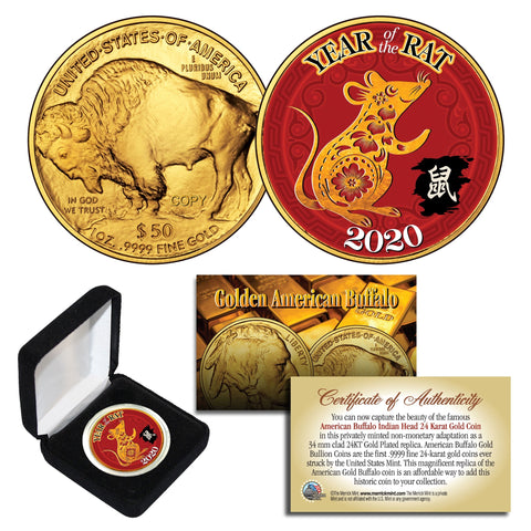 2020 Chinese New Year * YEAR OF THE RAT * 24 Karat Gold Plated $50 American Gold Buffalo Indian Tribute Coin