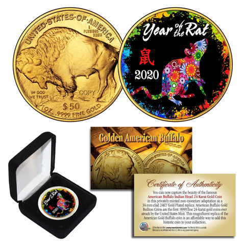 2020 Chinese New Year * YEAR OF THE RAT * 24K Gold Plated JFK Kennedy Half Dollar Coin with DELUXE BOX