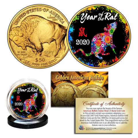 2020 Chinese New Year * YEAR OF THE RAT * 24K Gold Plated JFK Kennedy Half Dollar Coin with DELUXE BOX