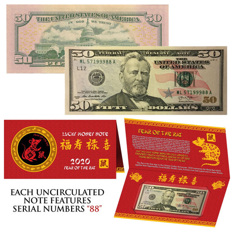 2020 Chinese Lunar New Year YEAR of the RAT Red Metallic Stamp Lucky 8 Genuine $2 Bill w/Folder
