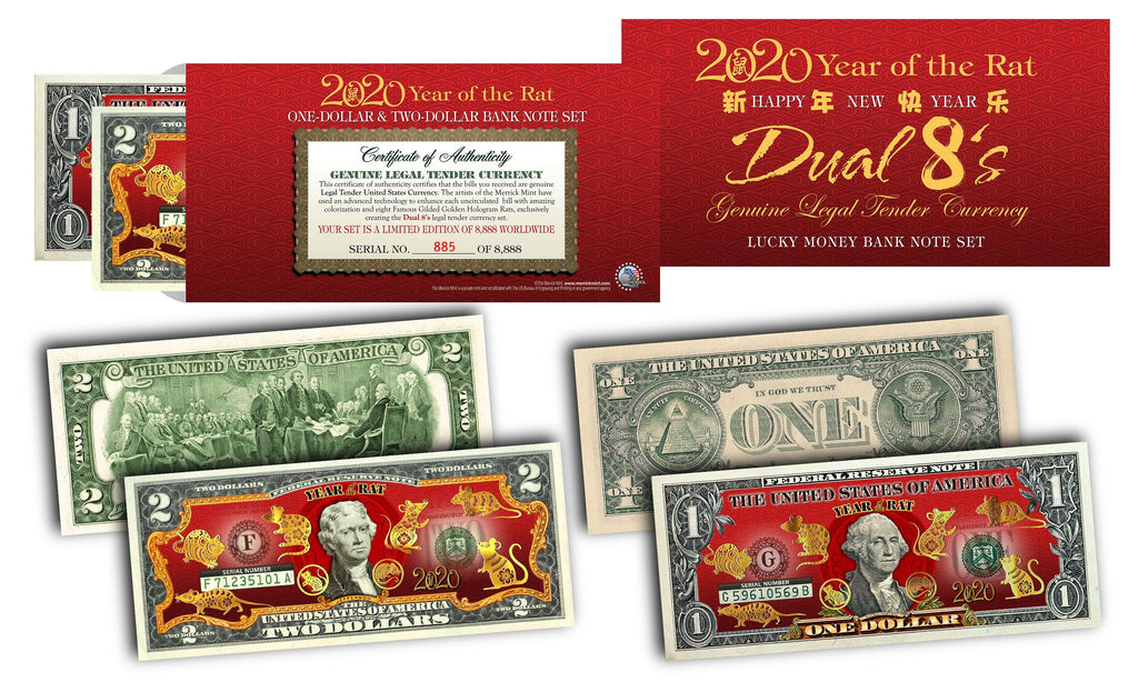 2020 YEAR OF THE RAT $1 & $2 Chinese New Year Lucky Money Set - DUAL 8’s GOLD MATCHING RAT’s in Premium RED LUNAR ENVELOPE – Limited & Numbered of 8,888 Sets Worldwide