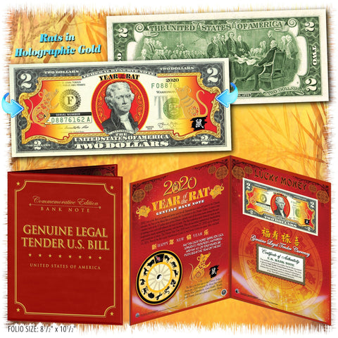 2020 YEAR OF THE RAT $1 & $2 Chinese New Year Lucky Money Set - DUAL 8’s GOLD MATCHING RAT’s in Premium RED LUNAR ENVELOPE – Limited & Numbered of 8,888 Sets Worldwide