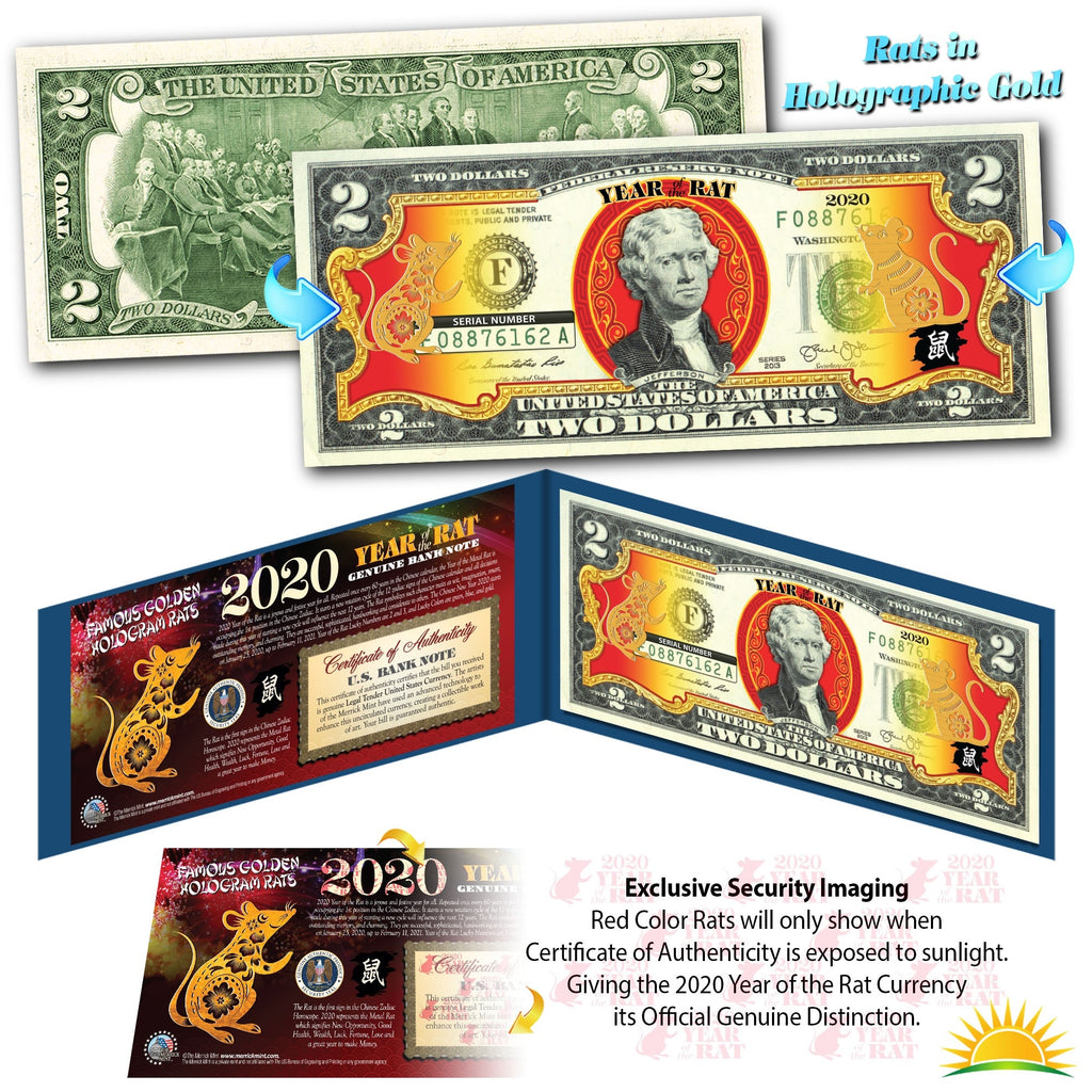 2020 Chinese New Year - YEAR OF THE RAT - Gold Hologram Legal Tender U.S. $2 BILL - $2 Lucky Money with Blue Folio